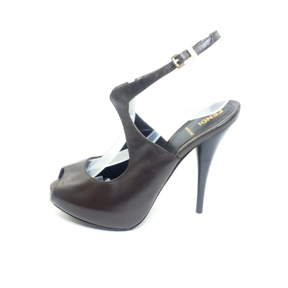 Fendi Peep Toe Platform Heel Ankle Strap Brown Leather Womens US 6.5 - Picture 9 of 9